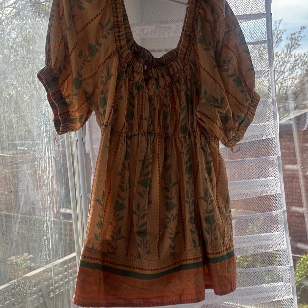 Boho Floral Peasant Top in Mustard and Teal